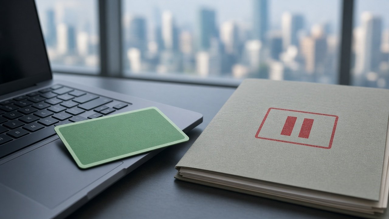 Blank green card on a laptop beside a paused file folder, illustrating the 2026 US green card restrictions